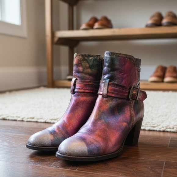 Hand Crafted Shoes - HANDCRAFTED Upcycled Leather Boots HANDPAINTED Size 9M Ankle Bootie Wearable Art